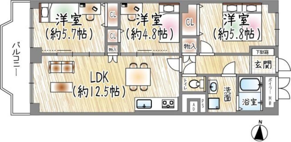 日興甲東園スカイマンション(3LDK) 2階の間取り
