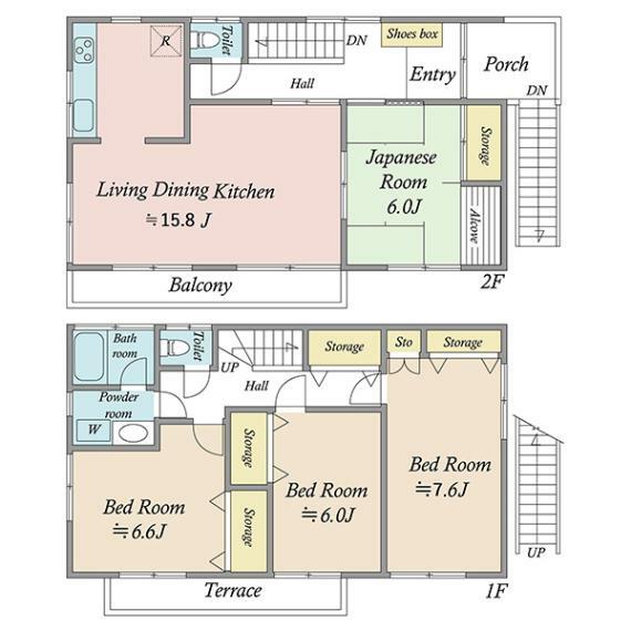 4LDK（1階54.53平米、2階52.88平米）のゆとりある間取り　各居室に収納がございます