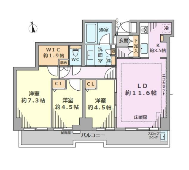 間取り図 ■1階部分の南向き住戸で陽当り良好  ■専有面積:71.33平米の3LDK（全室南向き）