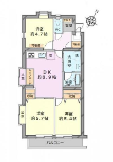 間取り図 ■4階建て1階部分の南東向き角住戸で陽当り・通風良好  ■専有面積:58.54平米の3DK