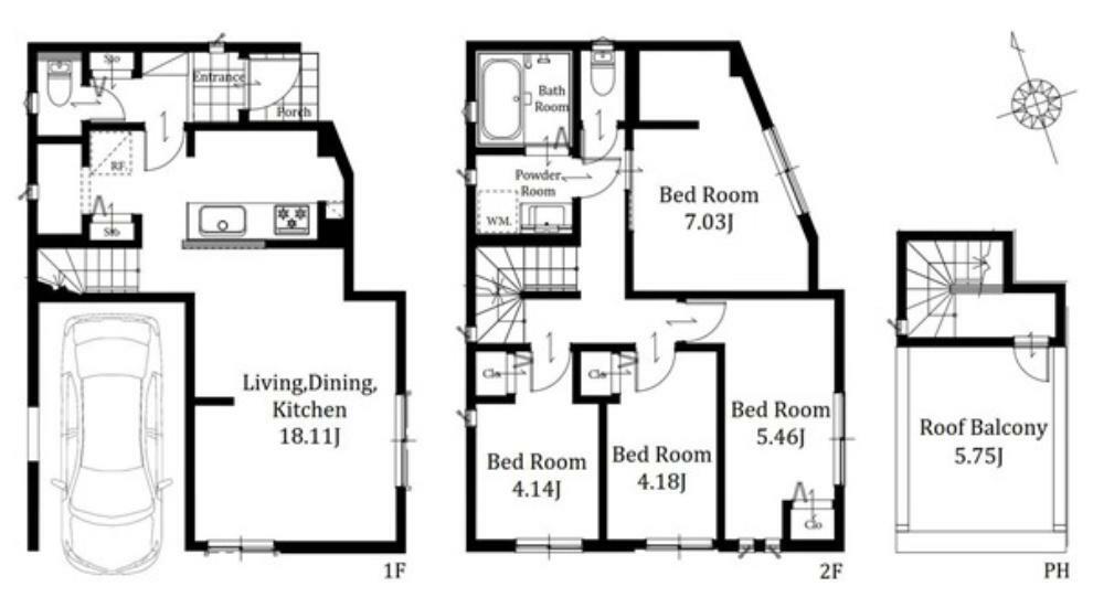 間取り図 ご家族の生活の中心となるLDKは広々18.1畳とゆとりを持たせた設計キッチンが対面式なのも嬉しいポイントですね5.7畳のルーフバルコニーは趣味のスペースとしても活用できます
