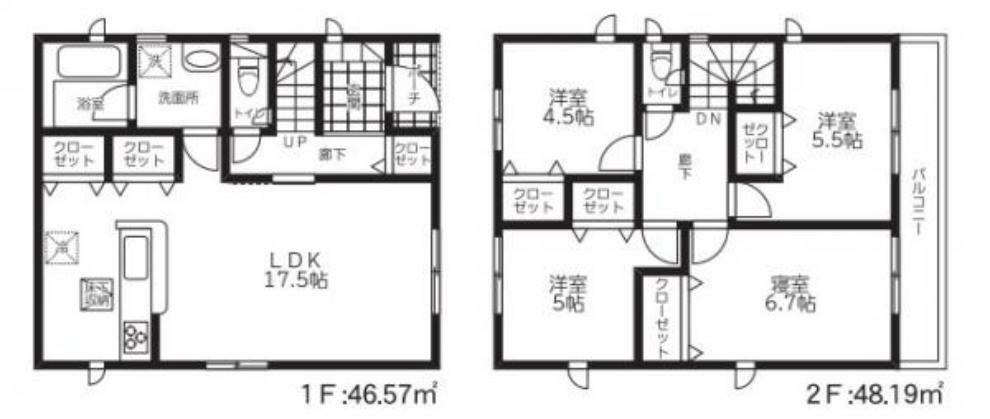 間取り図 2号棟:2階に4部屋あるタイプの間取りです。全室フローリングでお掃除も楽々です。