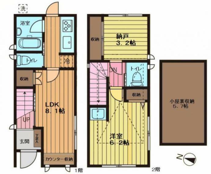 間取り図 ■建物面積:43.79平米の2階建て2LDKタイプ＋小屋裏収納付き  ■2016年6月築の中古戸建