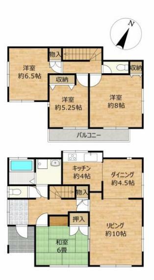 間取り図 【間取図】4LDKの木造2階建てのお家です。2階各居室には2つ窓があり、風通しもいいお部屋になっていますね。また各部屋に収納があるので、部屋を広く使える間取りになっています。