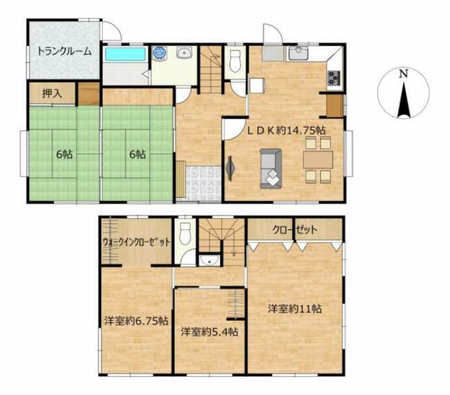 間取り図 【リフォーム予定/間取図】1階にはLDKの他に和室2室が、2階にはトイレ洗面と洋室3室があり、お客様それぞれの需要を満たす5LDK住宅です。