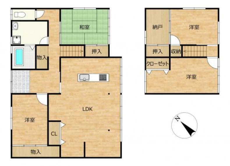 間取り図 4LDK、対面キッチン、全居室収納有に間取り変更の予定です。