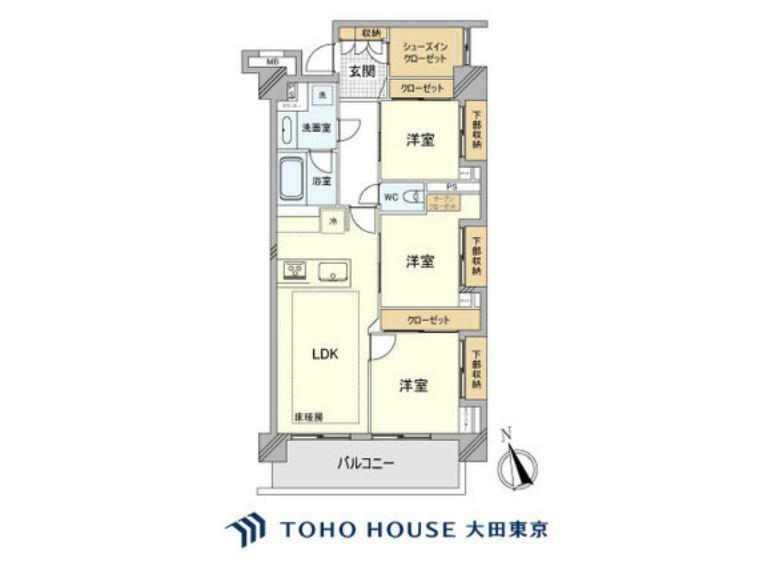 間取り図 3LDK、専有面積62.48m2、バルコニー面積7.57m2