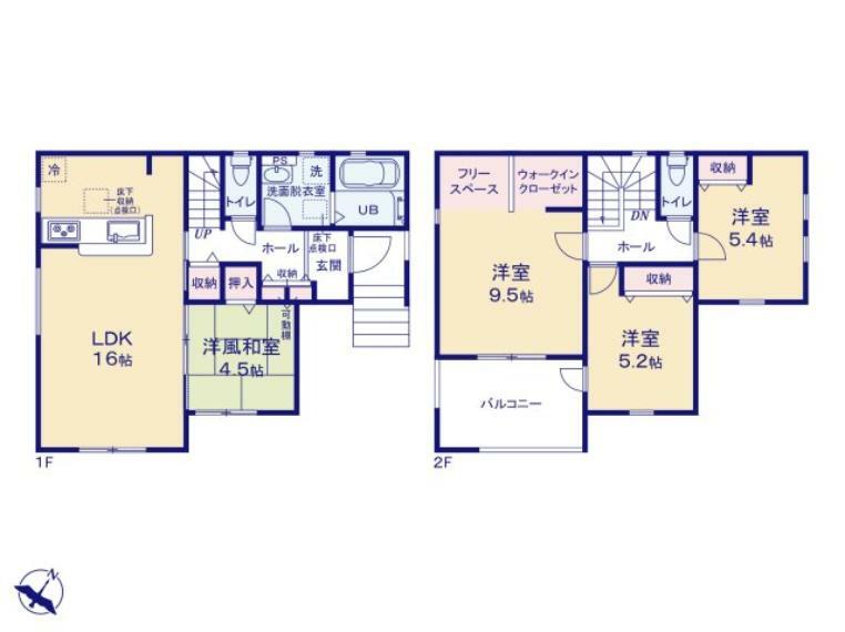 間取り図 全室南東向きの陽当たり良好な住宅です。 ホールを中心とする間取りは生活の動線が考慮されています。