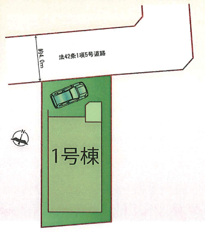区画図 敷地76.00平米（22.99坪）です。カースペースは1台駐車可能です