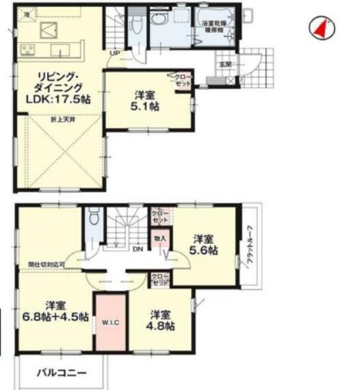 間取り図 1号棟:リビング階段で家族が集いやすい間取り！寝室は11帖と広々でWIC付きの快適空間です！