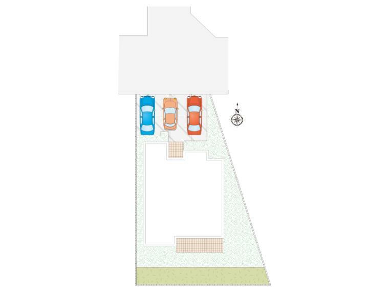 区画図 【2号棟:区画図】並列3台駐車可能です（1台は軽自動車）前面道路が広いので、ゆっくり安全に駐車することができます。