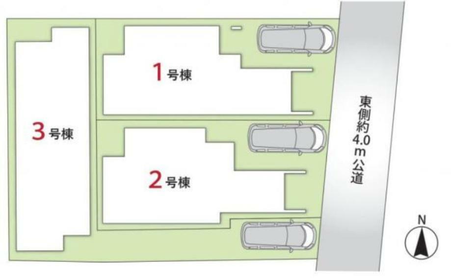 区画図 前面道路は東側4M、土地形状は無駄な廊下スペースを最小限に抑える設計が可能となります。快適な居住空間を演出出来ます。