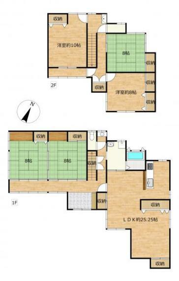 間取り図 間取りは5LDKです。LDKが約25帖と広く、一階に和室が二間あるため将来的に一階だけでも暮らしやすいですよ。