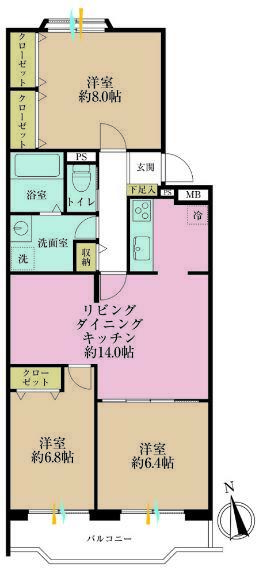 間取り図 3LDK、専有面積80.42m2、バルコニー面積8.31m2