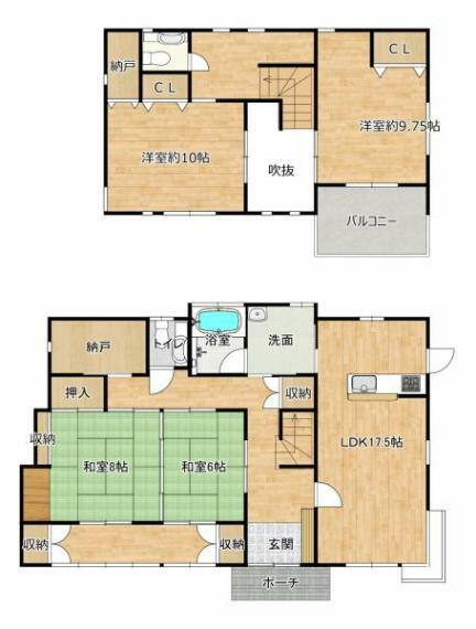 間取り図 【間取り図】4SLDKの2階建て住宅です。 キッチンと廊下どちらからでも出入りできる洗面脱衣所や和室があり、2階には洋室が2部屋あり便利でゆったりと生活できるおうちです。