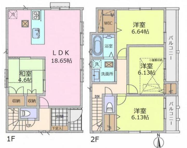 間取り図 ■建物面積:97.68平米の2階建て4LDK新築戸建  ■普段使わない荷物の収納に便利な小屋裏収納付き