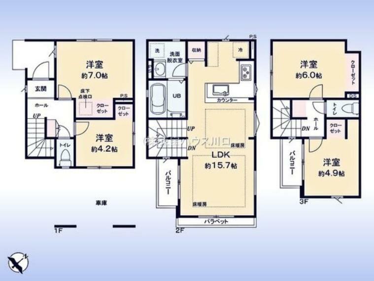 間取り図 木造3階建て4LDK。ビルトイン車庫