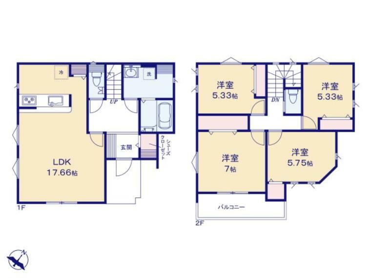 間取り図 広いLDK17.6帖はご家族の共有スペース。 2階4部屋でご家族それぞれのお部屋に最適です。