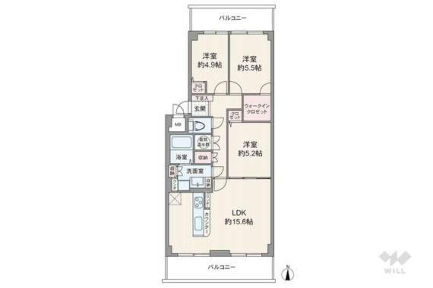 間取り図 間取りは専有面積73.32平米の3LDK。LDK約15.6帖の横長リビングのプラン。複数方向に採光部があり、バルコニー面積は9.45平米です。