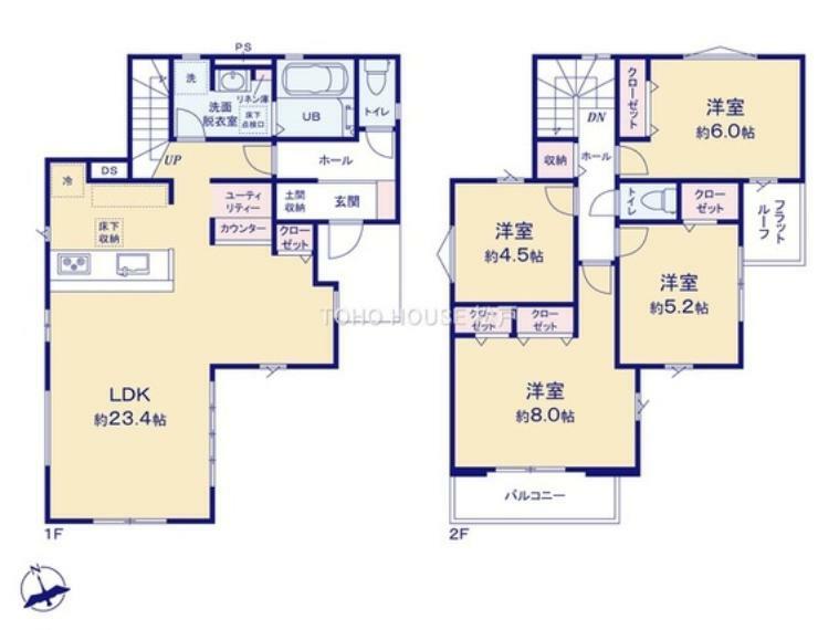 間取り図 23.4帖の大型リビングと、2階に4部屋を設け、大家族にも対応可能なまどりとなっております。収納力豊富な邸宅で新生活をスタートしませんか？