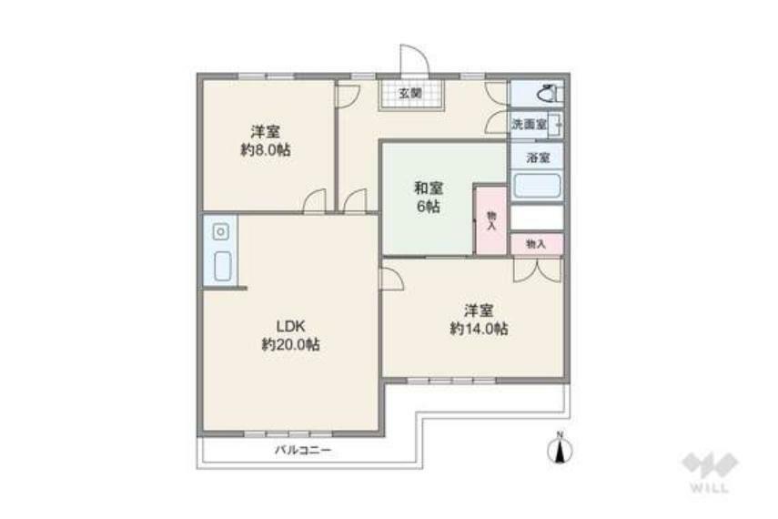 間取り図 間取りは専有面積94.16平米の3LDK。LDK約20帖のキュービックのプラン。複数方向に採光部があり、バルコニー面積は16.68平米です。