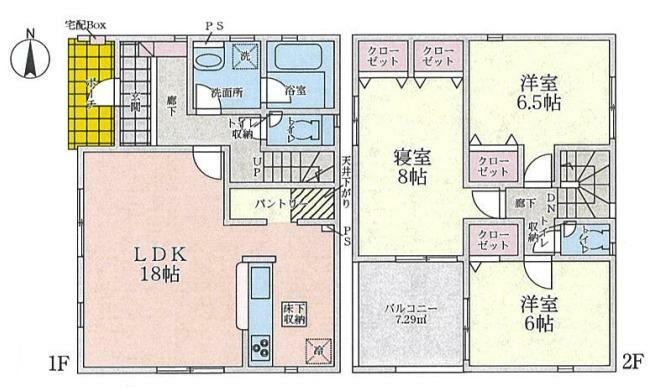 間取り図 1階　LDK約18帖/洗面/浴室/トイレ 2階　寝室約8帖/洋室約6.5帖/洋室約6帖