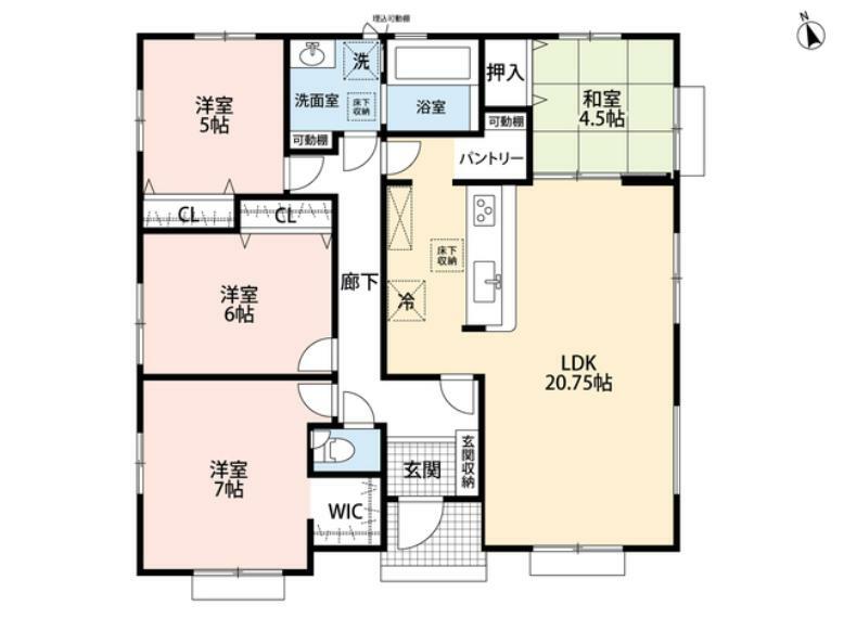 間取り図 平屋住宅。リビングは広々約21帖の大空間です＾＾リビングと隣接する和室を一体利用すると25帖以上の大空間です＾＾