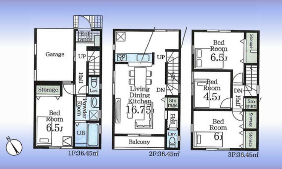 間取り図 間取図:2階に対面キッチン付LDK。1、3階に洋室4室。2階にバルコニー