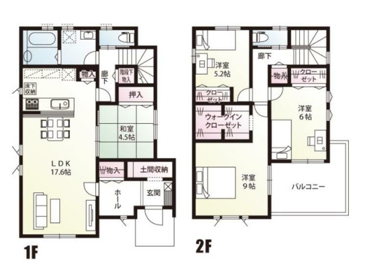 間取り図 1階は17.6帖のLDKと和室4.5帖、2階には洋間3室の4LDKの間取りです。土間収納やWIC、食品庫にもなる収納付きです。