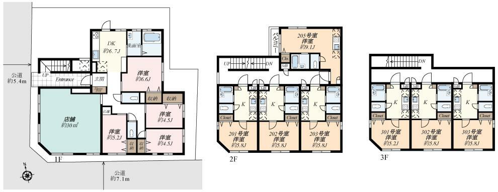 間取り図 1階オーナー自己使用（店舗＋4DK）。 2階賃貸（1K×3戸、1R×1戸）。 3階賃貸（1K×3戸）。