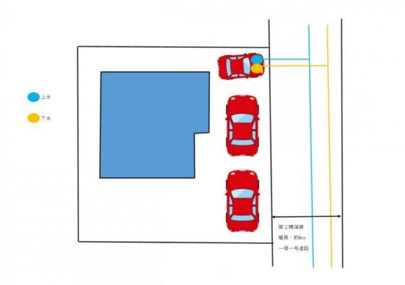 区画図 【区画図】リフォーム後の予定区画図です。駐車場拡張をおこない、普通車2台、軽1台の合計3台駐車できるスペースに変更予定です。