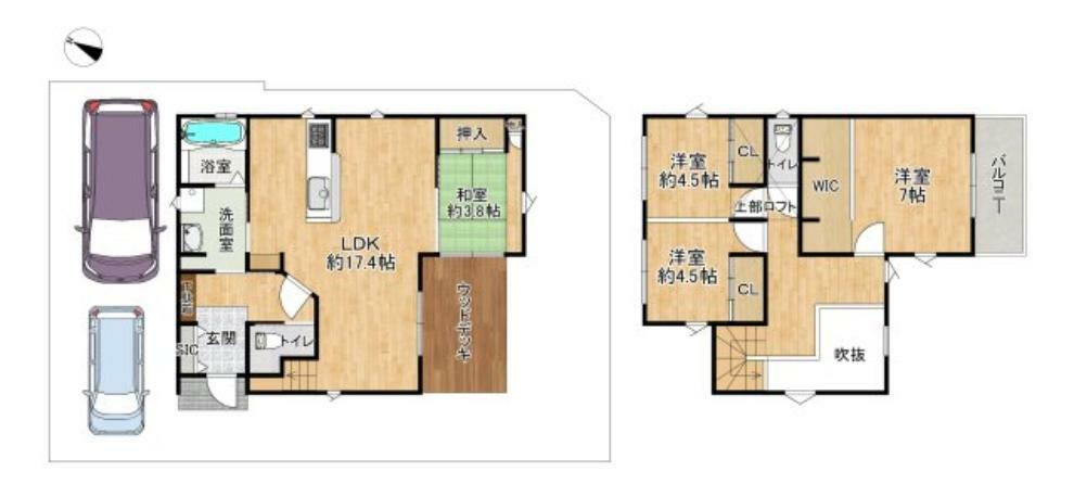 間取り図 駐車スペース2台分確保された二階建て住宅。部屋数も充実の4LDKとなっております。 各居室収納スペースも確保され、玄関にはシューズボックスとは別にクロールも設けられています。