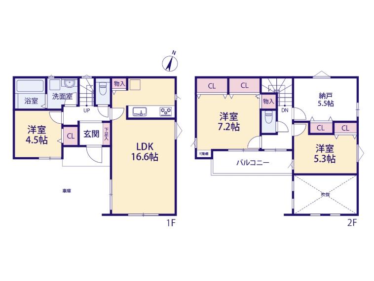 【間取り-4号棟-】南向きの陽当たりの良い物件。リビング上部の吹き抜けが魅力的な間取りです。