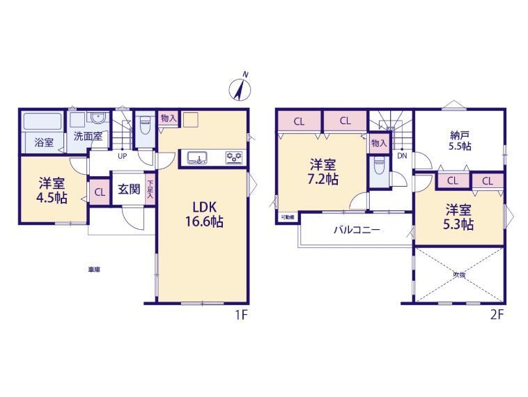 【間取り-4号棟-】南向きの陽当たりの良い物件。リビング上部の吹き抜けが魅力的な間取りです。