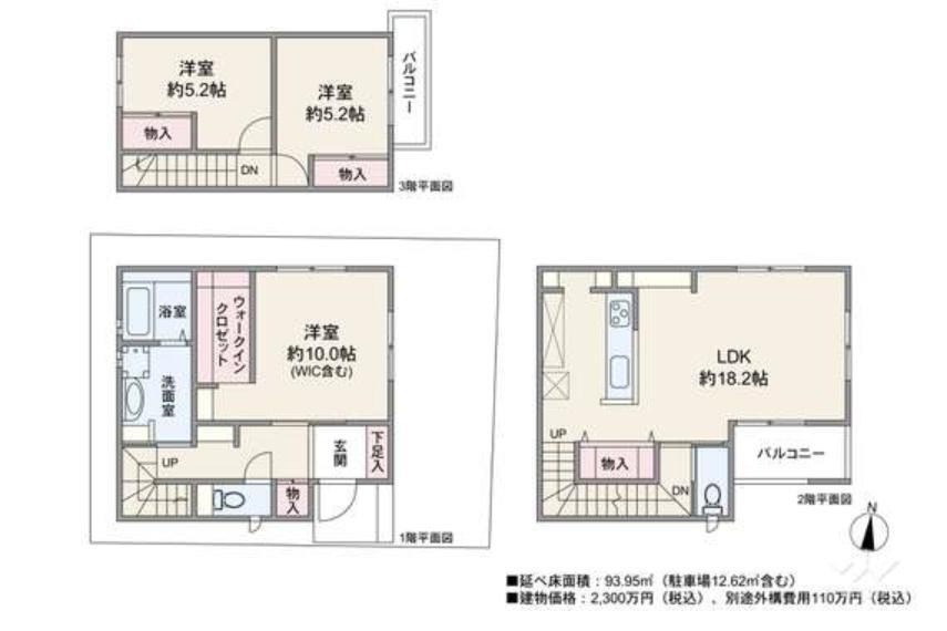 延べ床面積:93.95平米(1階35.23平米※駐車場12.62平米含む、2階36.04平米、3階22.68平米)建物参考価格2300万円(税込み)、別途外構費用110万円(税込み)