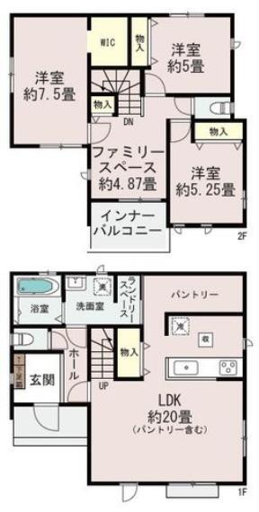 C号棟:リビングは広々20帖で大きなソファーを置いても十分な広さです。大容量パントリー付きです。