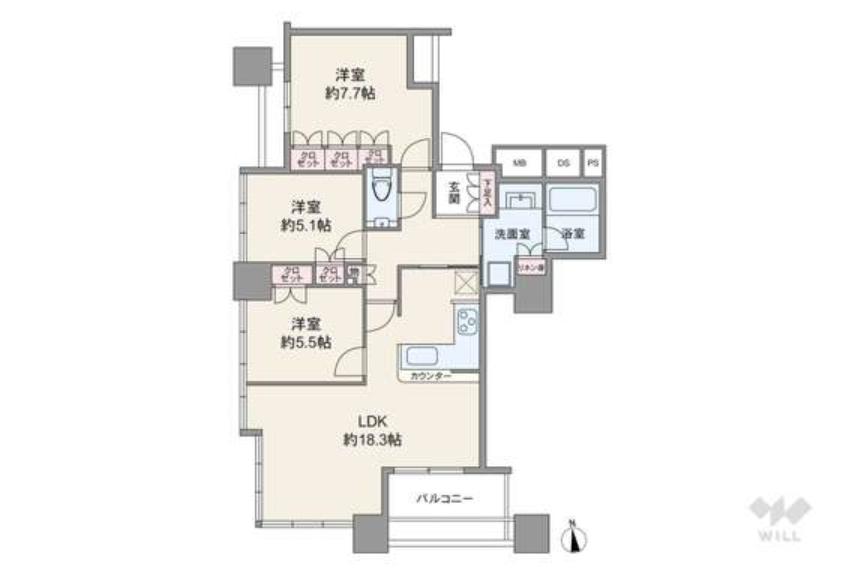 間取りは専有面積81.92平米の3LDK。LDK約18.3帖の横長リビングのプラン。複数方向に採光部があり、バルコニー面積は9.84平米です。