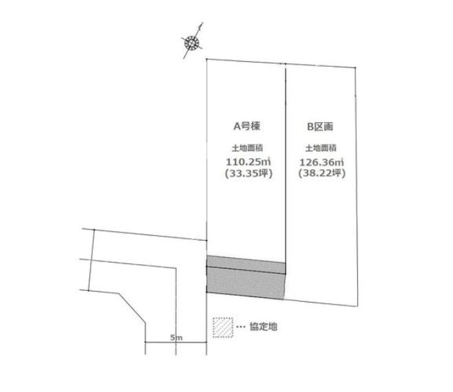 全2区画のゆとりある敷地配置を示した区画図です！それぞれの住戸が日当たりや通風を確保できるよう配慮された設計となっています。ご家族の新しい暮らしのイメージが広がる綺麗な整形地です