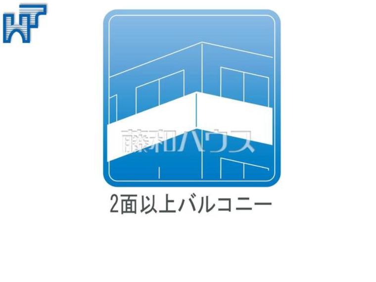2面バルコニー バルコニーは二部屋分の長さがあり、洗濯物やシーツ類など干すのに便利な広さです。また南向きのため日差しも行き届き、洗濯物もよく乾きます。