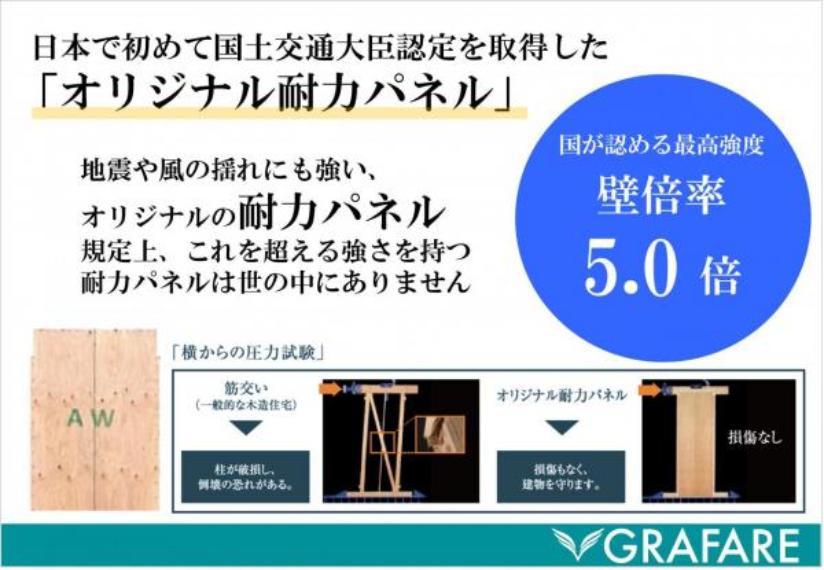【耐力パネル】<BR/>国土交通大臣認定を取得している「オリジナル耐力パネル」を採用。地震や風の揺れにも強く、強度の壁倍率5.0の性能があると認められています。また、柱と基礎を固定する「オリジナル金物TロックII」はよく使われるホールダウン金物（HD20）の約2倍の強度があり、建物を強風などの倒壊から守ります。