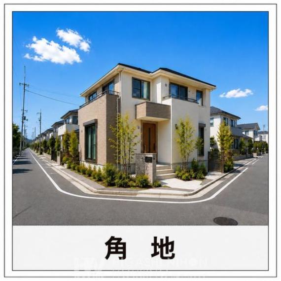 二方向が道路に面した開放感のある角地。陽当たりや風通しにも恵まれ、明るく快適な住環境が魅力の人気ある立地です。※掲載画像はイメージであり、実際の設備・仕様・形状とは異なる場合があります。