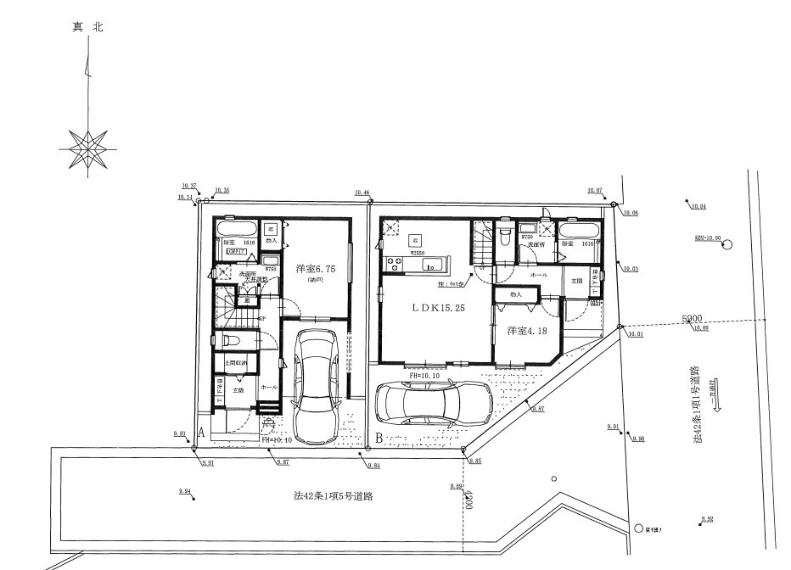 ■全2棟の区画図です。A号棟・B号棟それぞれの建物配置や駐車スペース、接道状況を確認できます。前面道路との位置関係も分かりやすく、お車の出入りや住まいの配置を検討する際にも参考になる資料です。