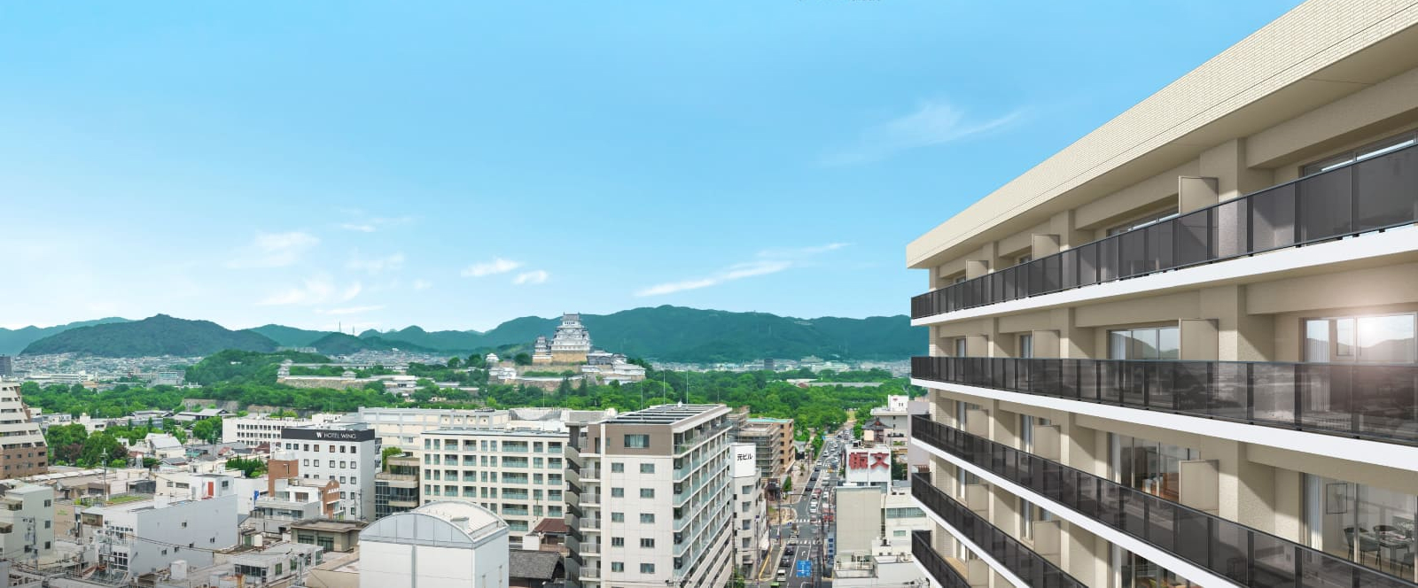 ワコーレ姫路呉服町（現地周辺の写真（現地13階相当からを2022年8月撮影）に完成予想CGを合成したもので実際とは異なります）