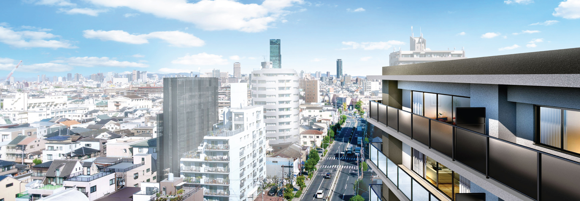 ワコーレ阿倍野播磨町ラフィリス（現地12階相当からの眺望（2022年10月撮影）に完成予想CGを合成したもので実際とは異なります）