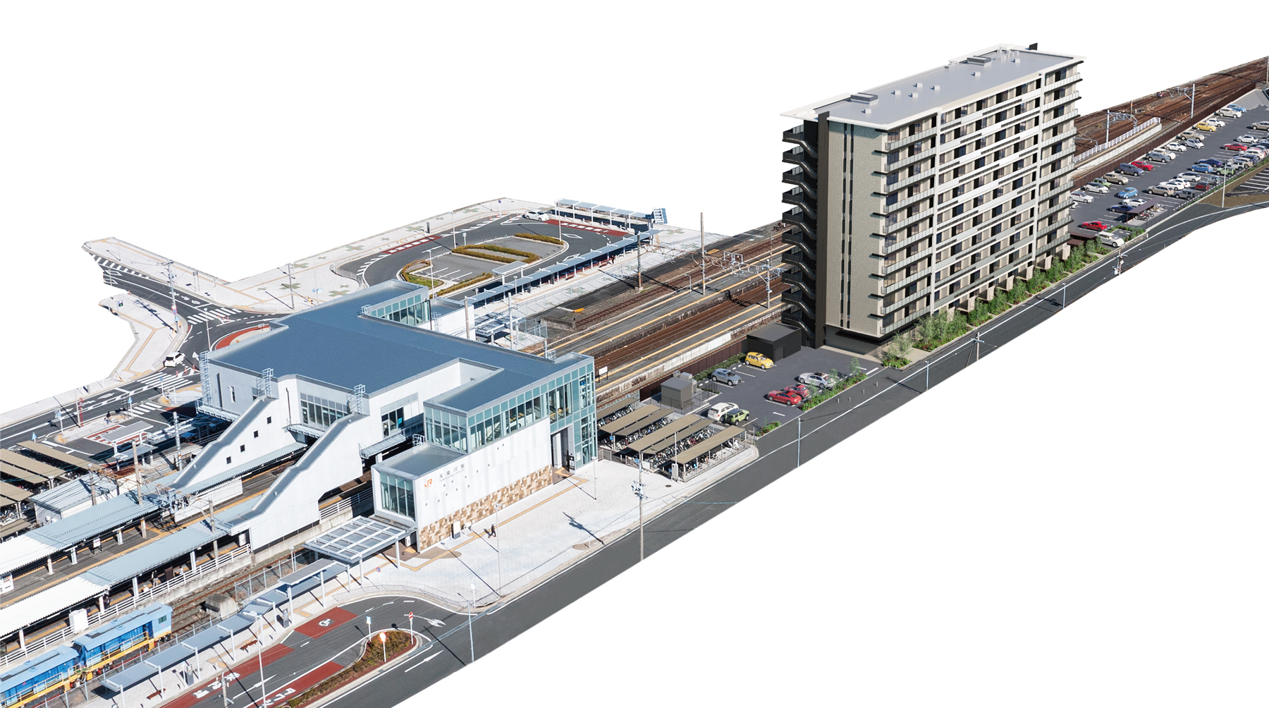 ブライトタウン天竜川駅前フレシア（現地周辺の写真に完成予想CGを合成したもので実際とは異なります）