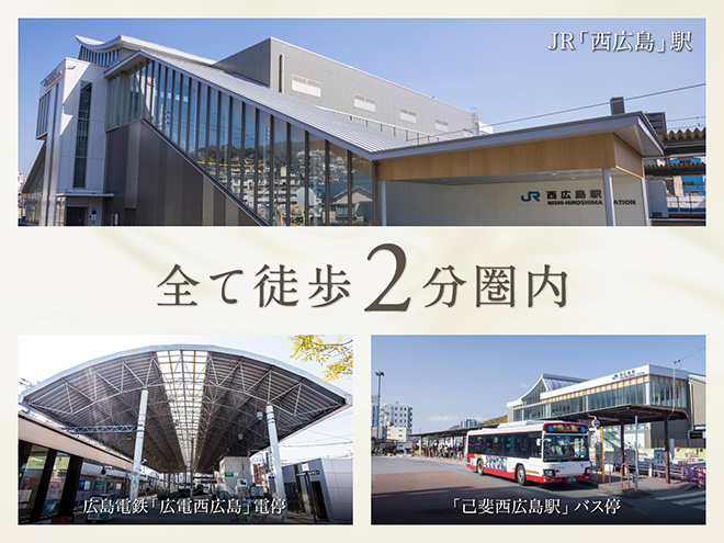 JR「西広島」駅（約120m・徒歩2分）・広島電鉄「広電西広島」電停（約90m・徒歩2分）・「己斐西広島駅」バス停（約90m・徒歩2分）
