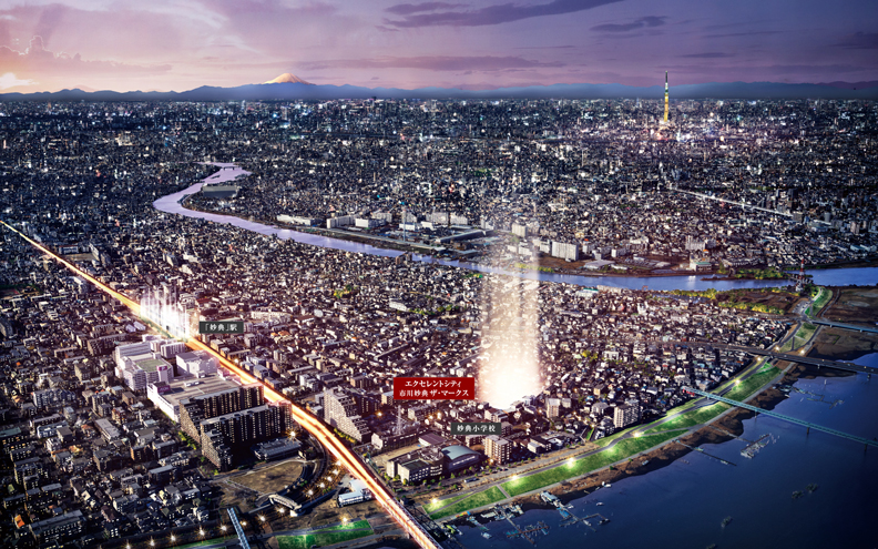エクセレントシティ市川妙典ザ・マークスのメイン画像 | 現地周辺の写真（2024年1月撮影）にCGを合成したもので実際とは異なります
